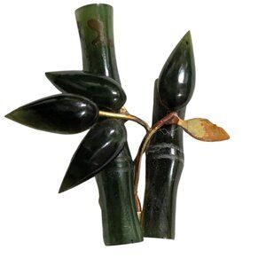 Vintage  bamboo Carved Nephrite Jade branch &‎ leaves gold tone brooch/pin
